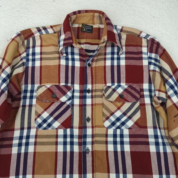 Vintage 1970s Columbia Button Down Shirt Plaid Flannel Tan Red Men's Size Large - Picture 3 of 8